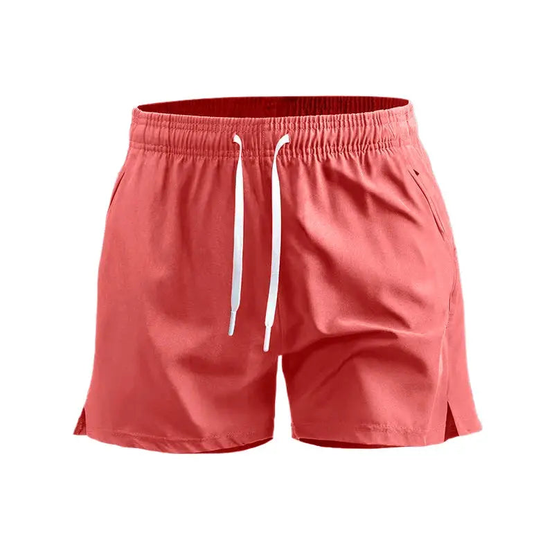 Men's summer sport workout shorts by Simples Market, quick-dry coral red with white drawstring and pockets.