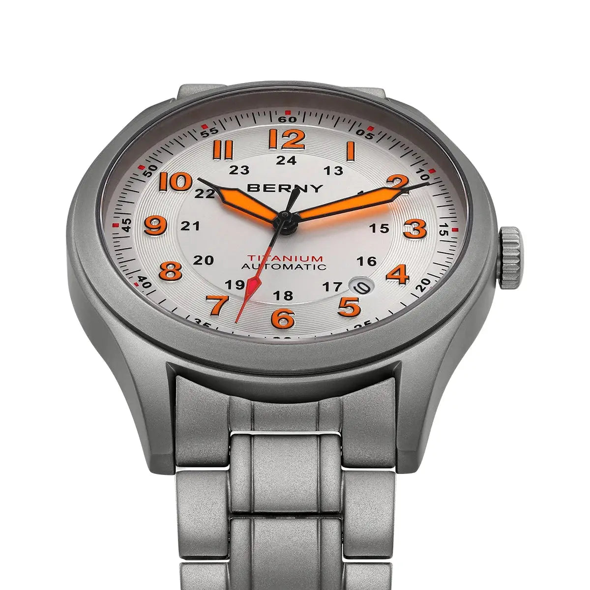 BERNY titanium automatic men's watch with orange numerals on a white dial, date window, and silver bracelet