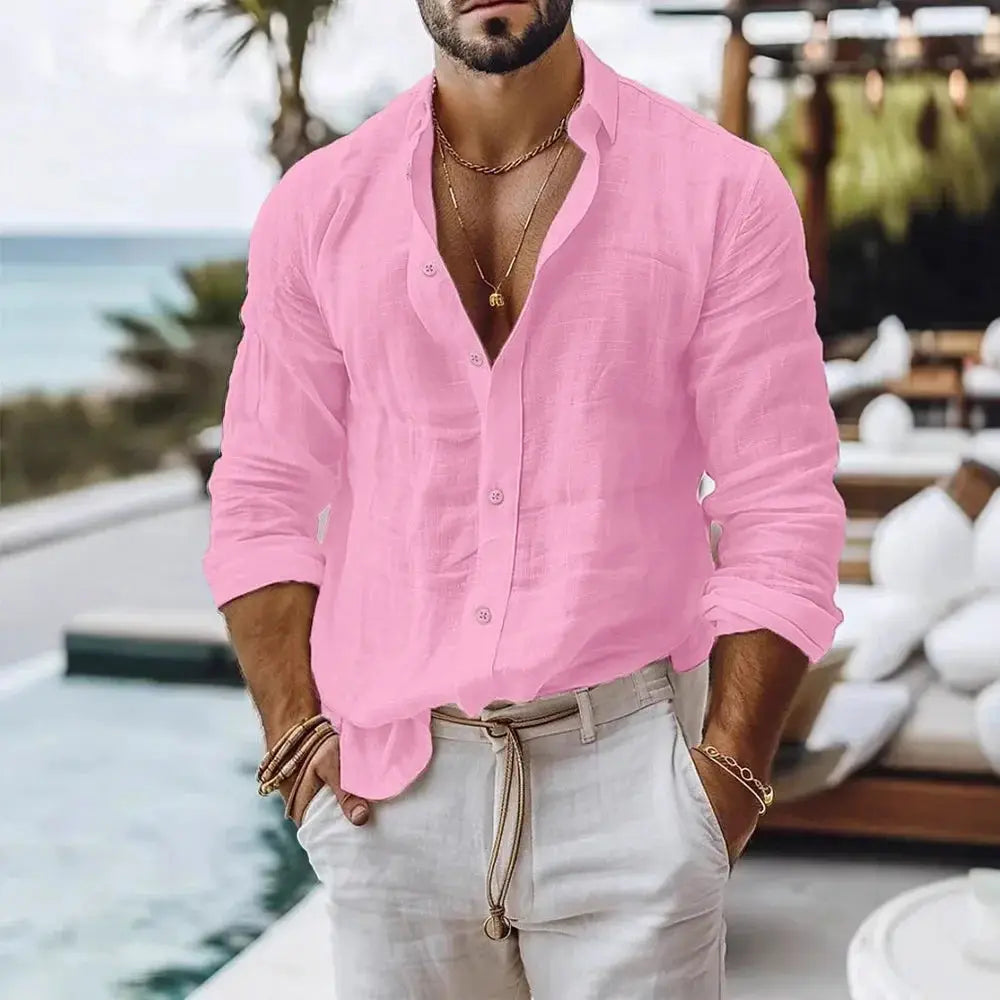 Cotton Linen Shirt for Men Breathable Summer Beach Style Solid Color Single Breasted Lightweight Button Front