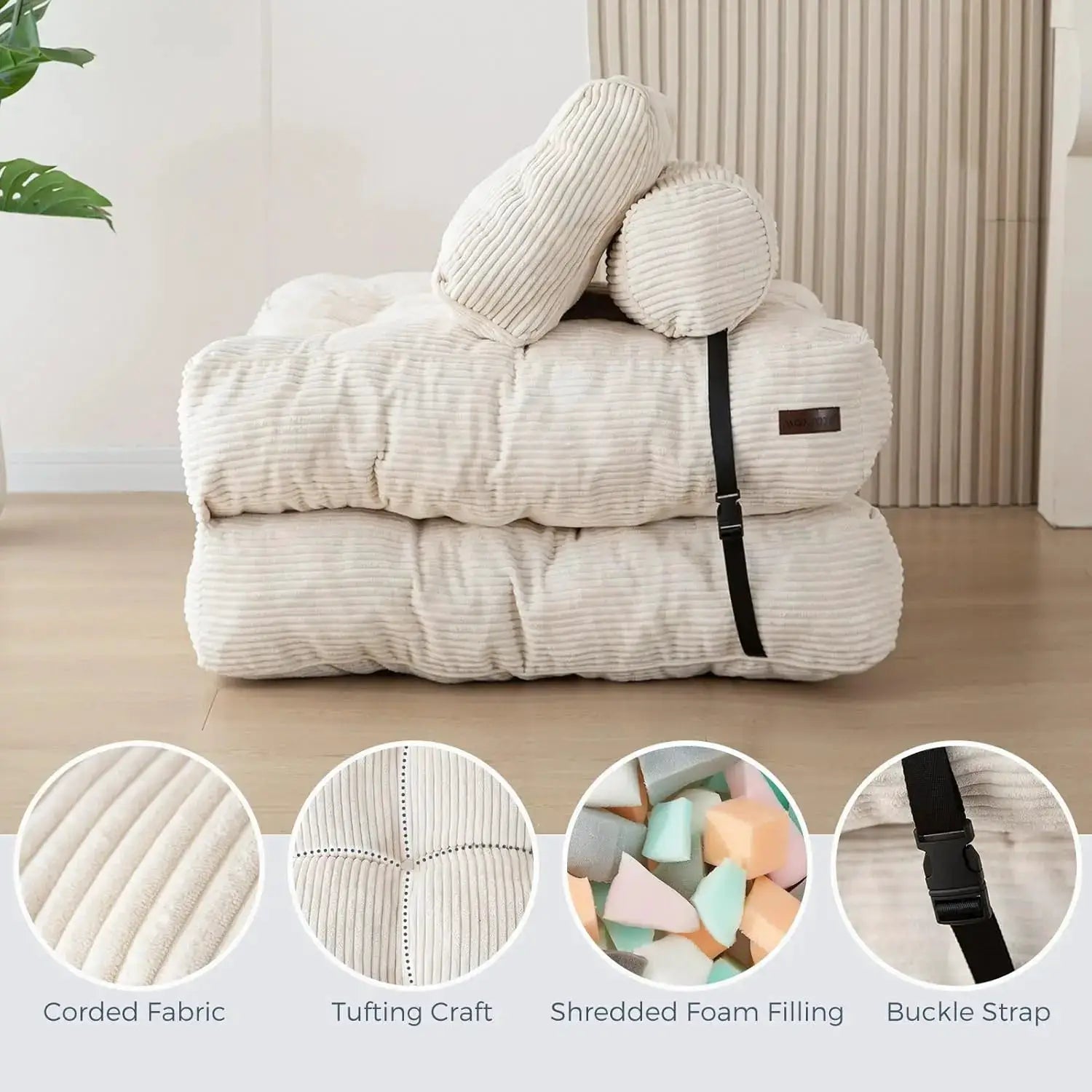 Simples Market folding sofa bed in cream corded fabric with tufted cushions and a buckle strap