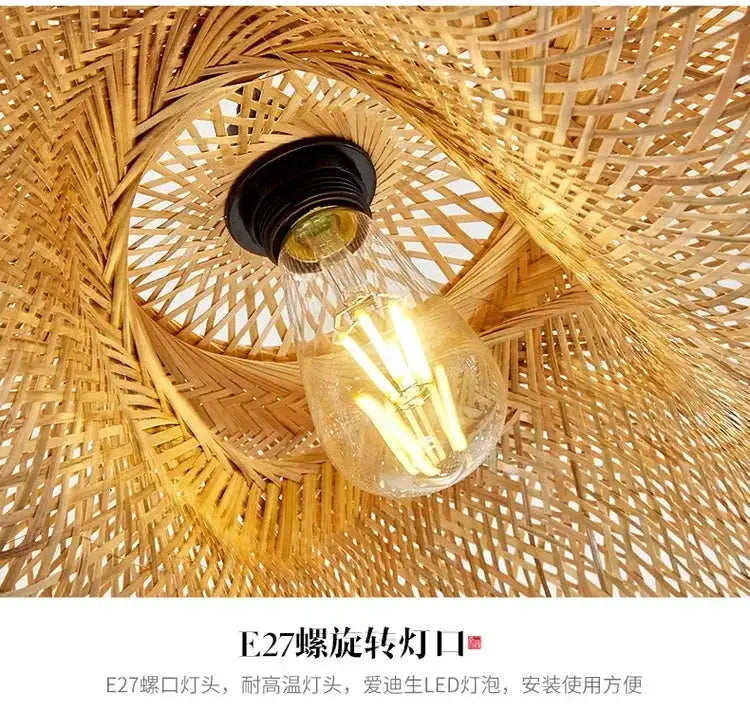 Simples Market bamboo-woven LED pendant light, handmade rattan chandelier 40–80cm with warm Edison bulb
