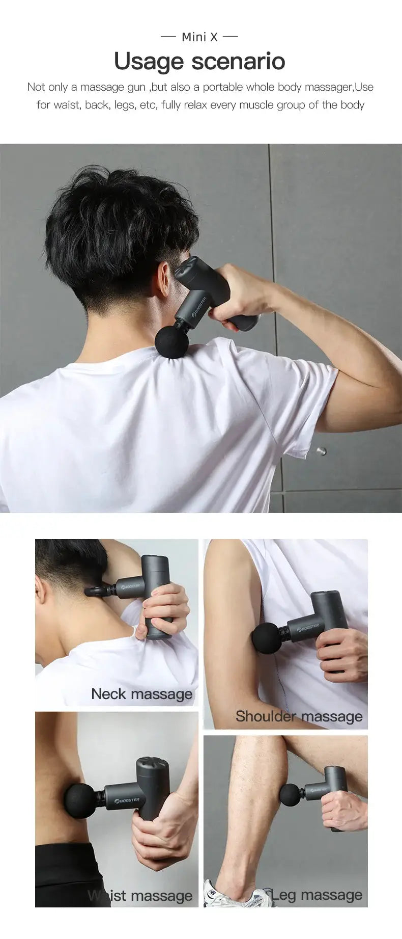 Booster Mini X handheld percussion massager in dark gray with foam head for neck, back, and shoulders