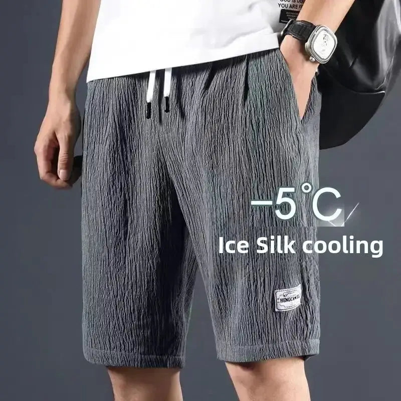 Men's ice silk cooling shorts in grey with drawstring waist, loose fit; Simples Market