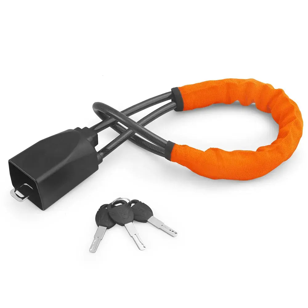 Car steering wheel lock with orange fabric-covered cable and 3 keys