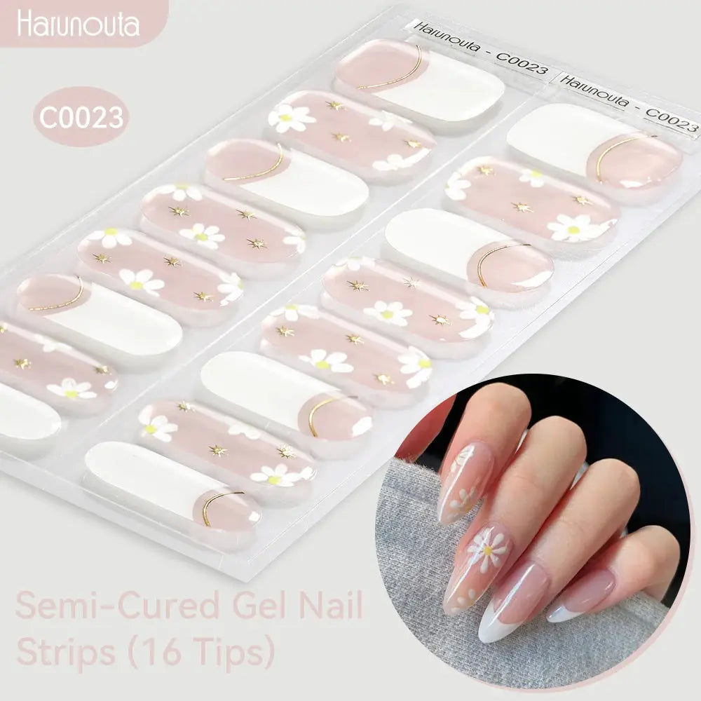 Harunouta gradient auroras semi-cured gel nail strips, pink nude with white daisies, 16-piece kit