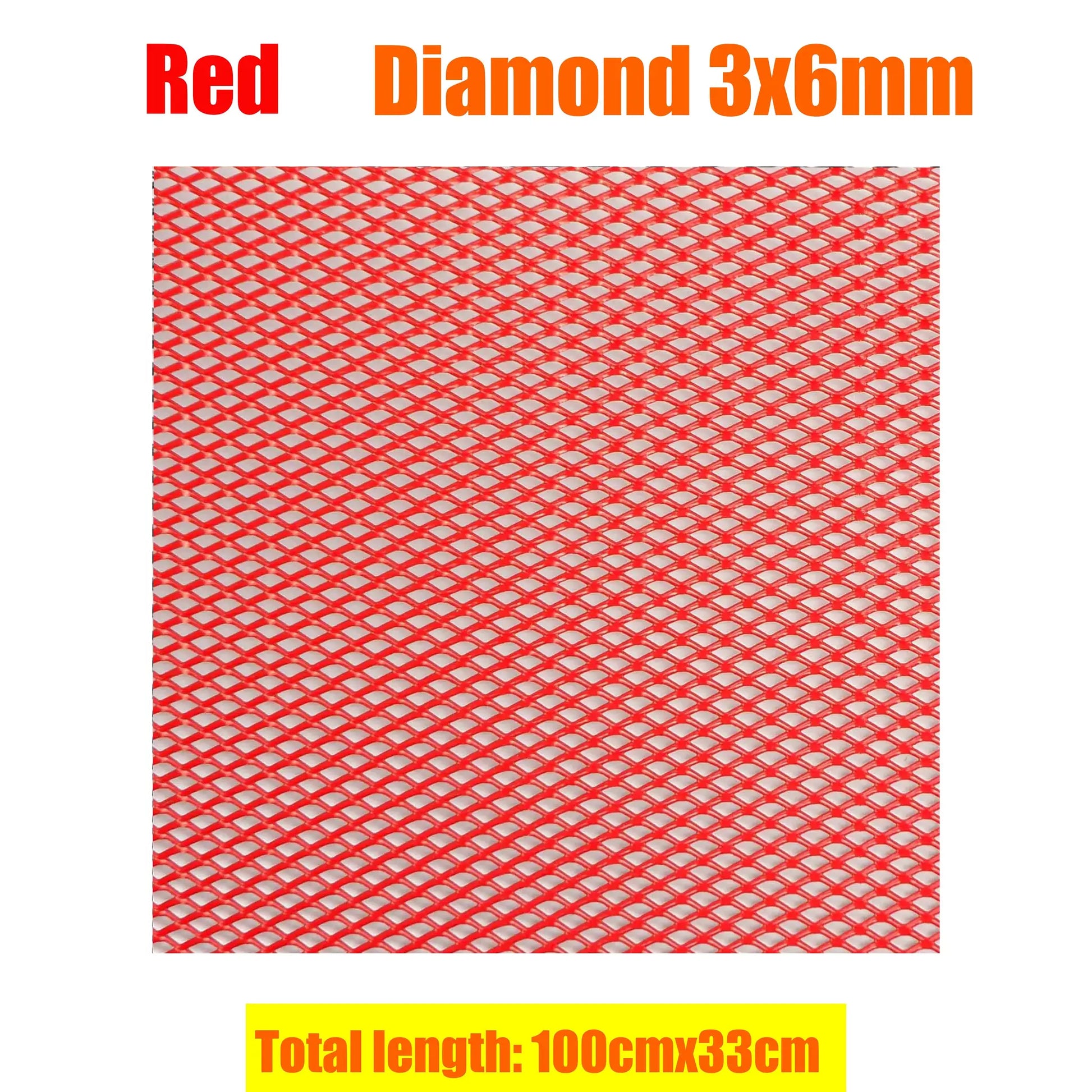 Aluminium racing car bumper grille mesh in red diamond pattern, 100x33 cm.