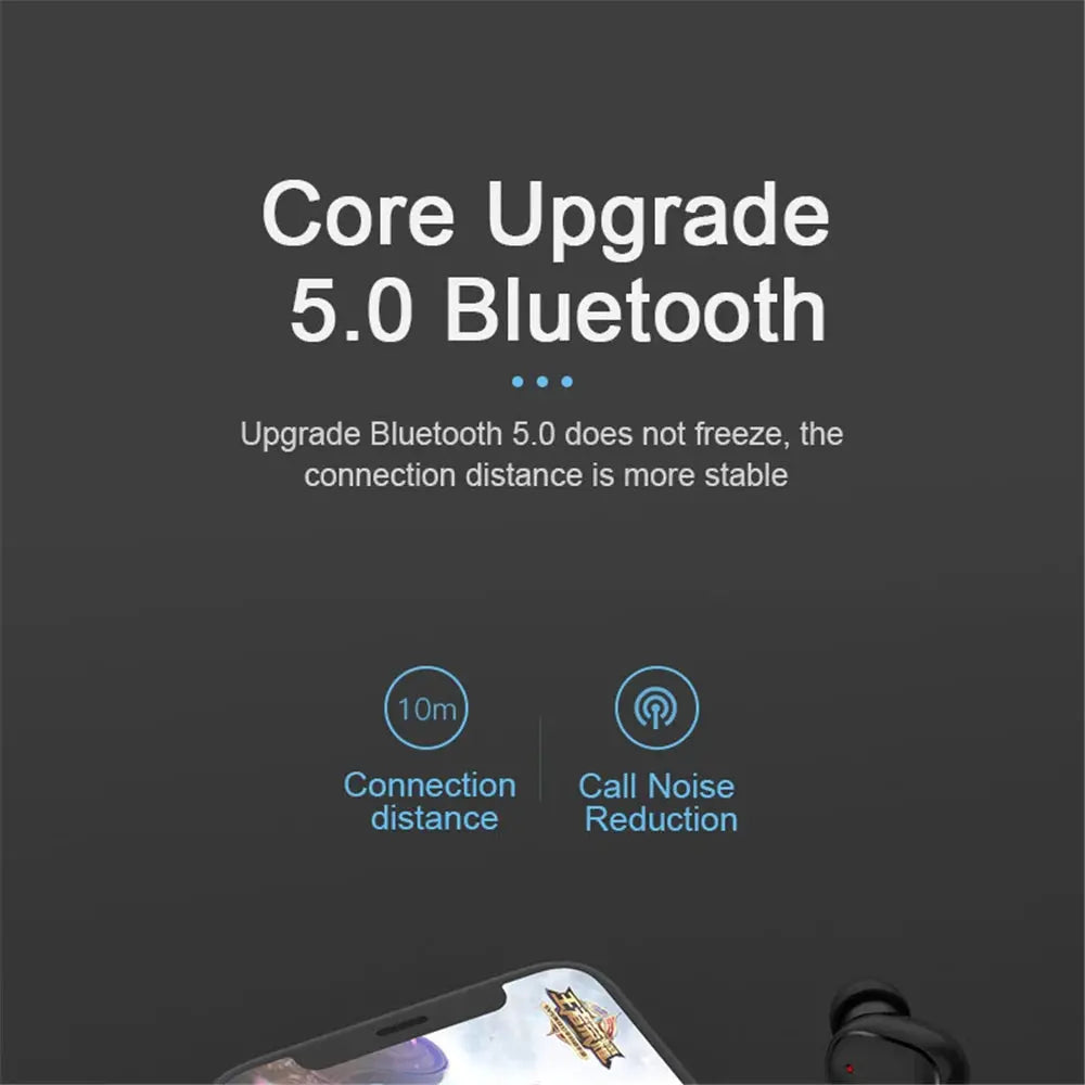 A6S wireless Bluetooth earphones by Simples Market with LED display, black sport headset and touch control.