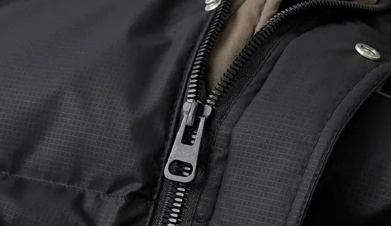 Winter men's black down puffer jacket by Simples Market with metal zipper and snap collar.