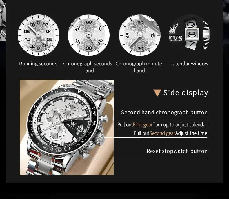 OLEVS TY705 men's stainless steel chronograph watch with silver dial and black bezel.