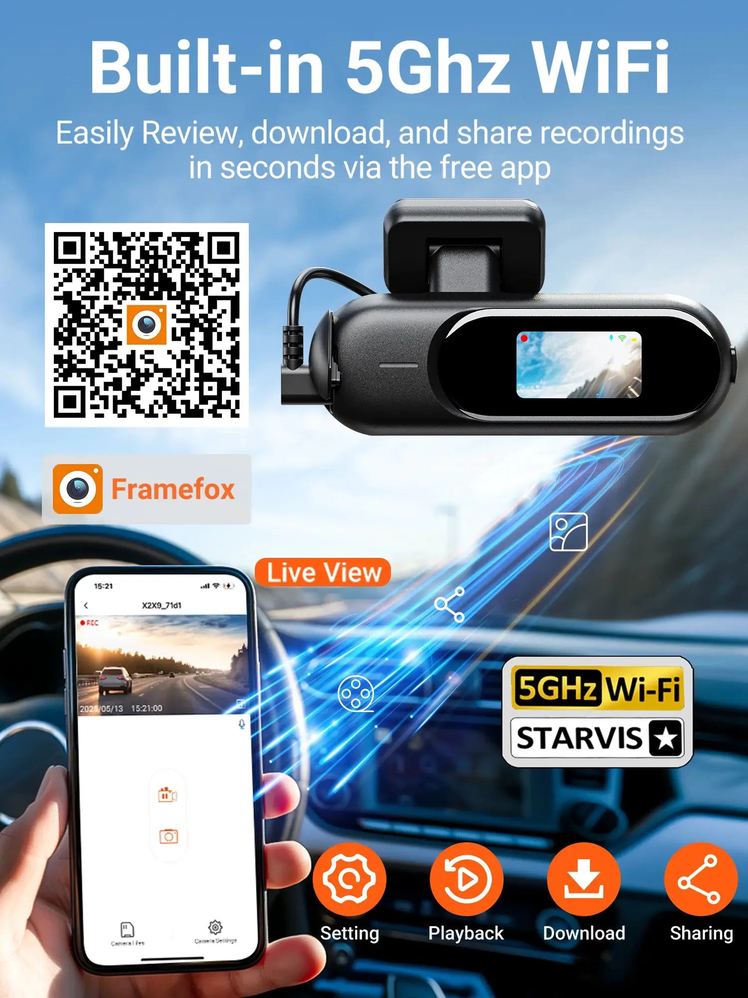 Simples Market dash cam for cars with built-in 5GHz WiFi, HDR night vision, and 4K front/rear recording; Framefox logo visible