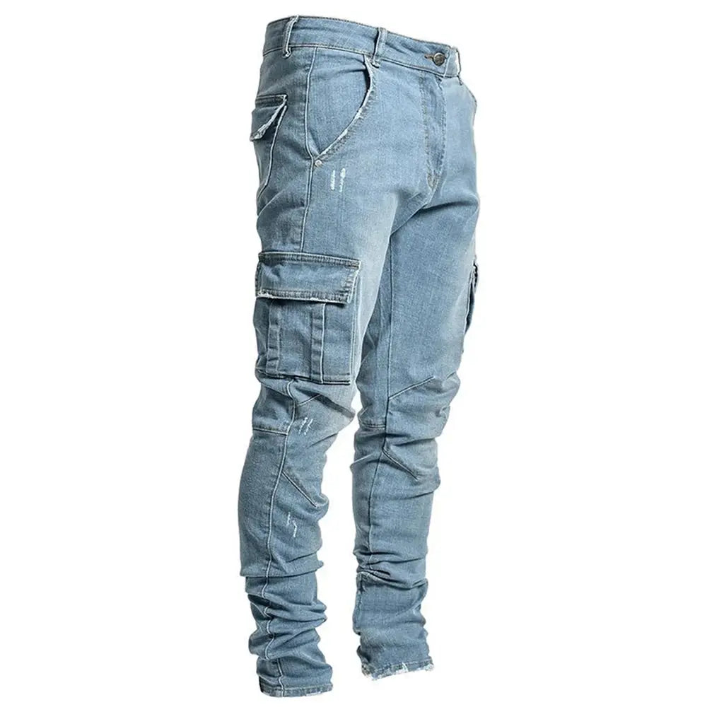Street Elastic Jeans denim cargo pants for men, light wash, multiple pockets, slim fit