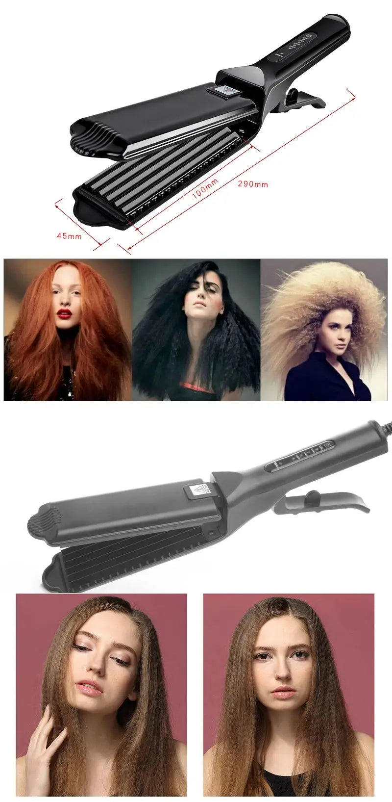 Professional corrugated wave curling iron wand two-pack by Simples Market with ceramic plates; black and gray