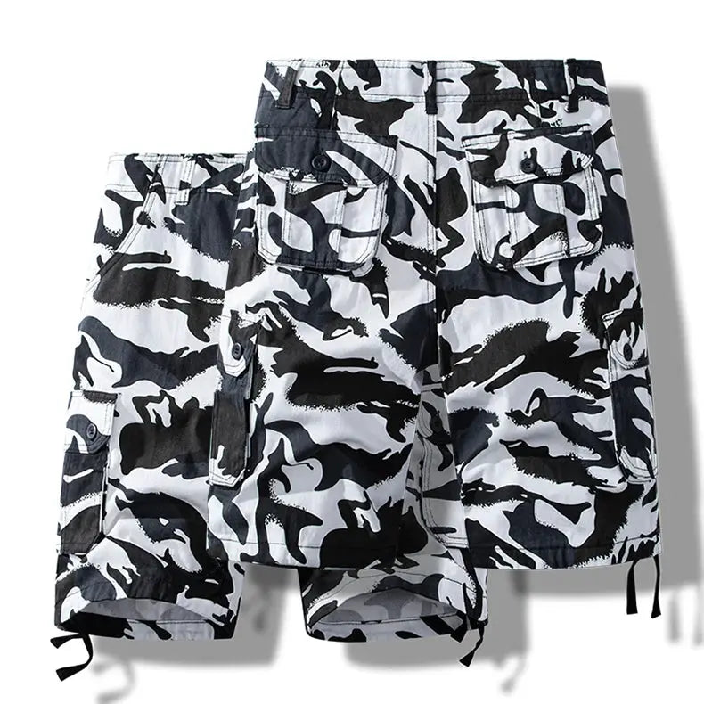 Men's cotton camo cargo shorts with multiple pockets in black and white print