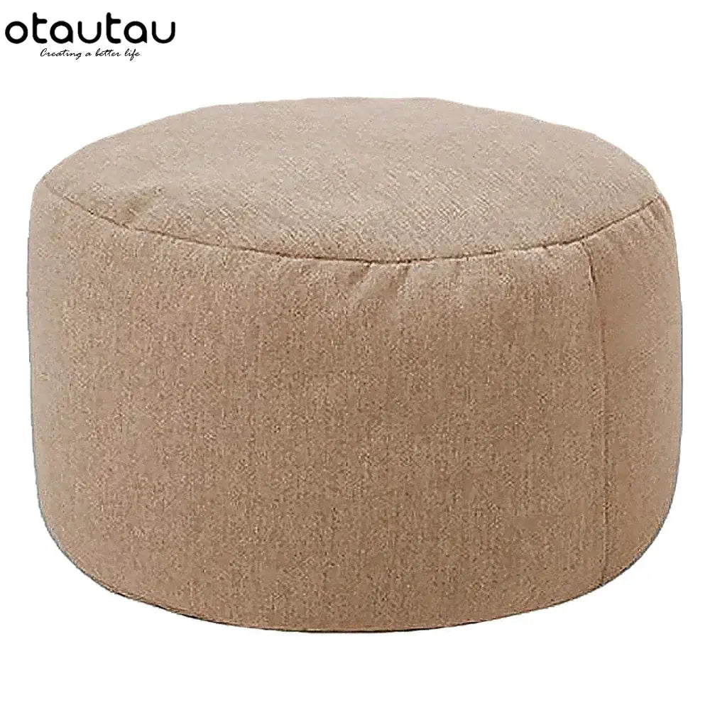OTAUTAU beige linen bean bag chair pouf, round fabric ottoman with filling