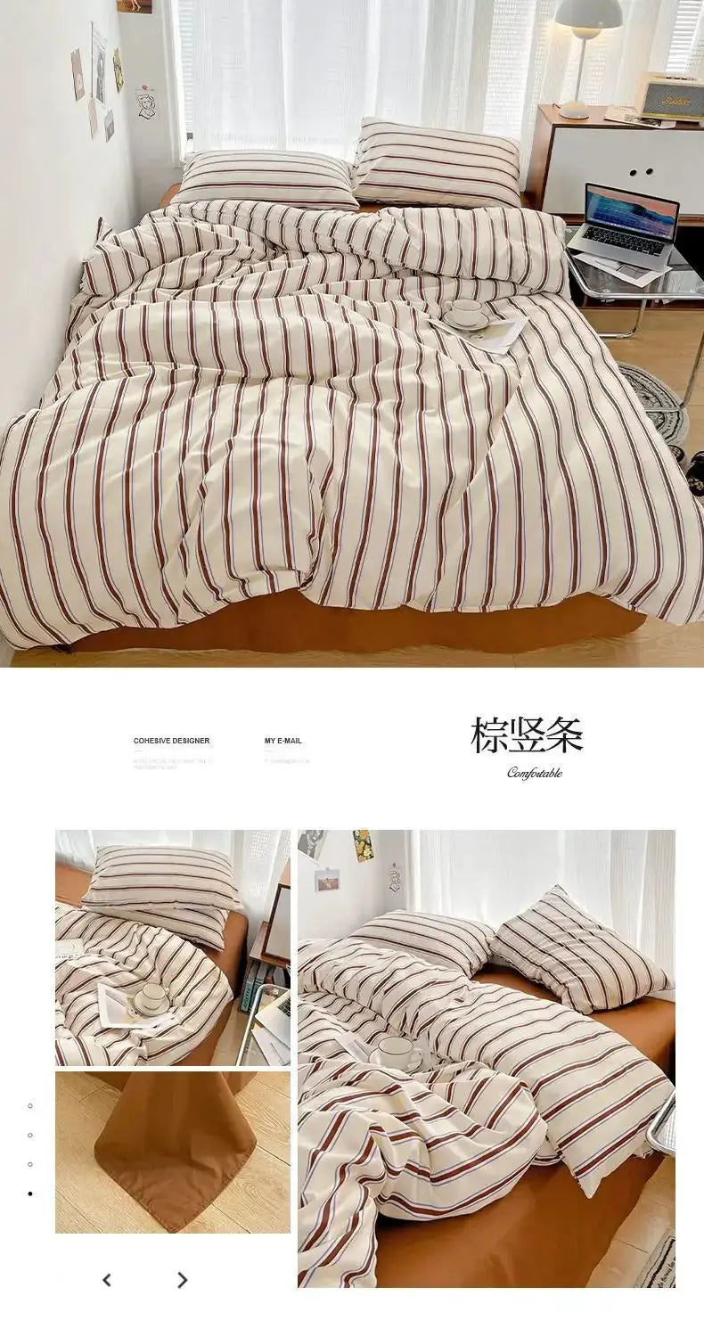 Duvet cover and four-piece sheet set in red and blue stripes, washed cotton, by Simples Market on bed