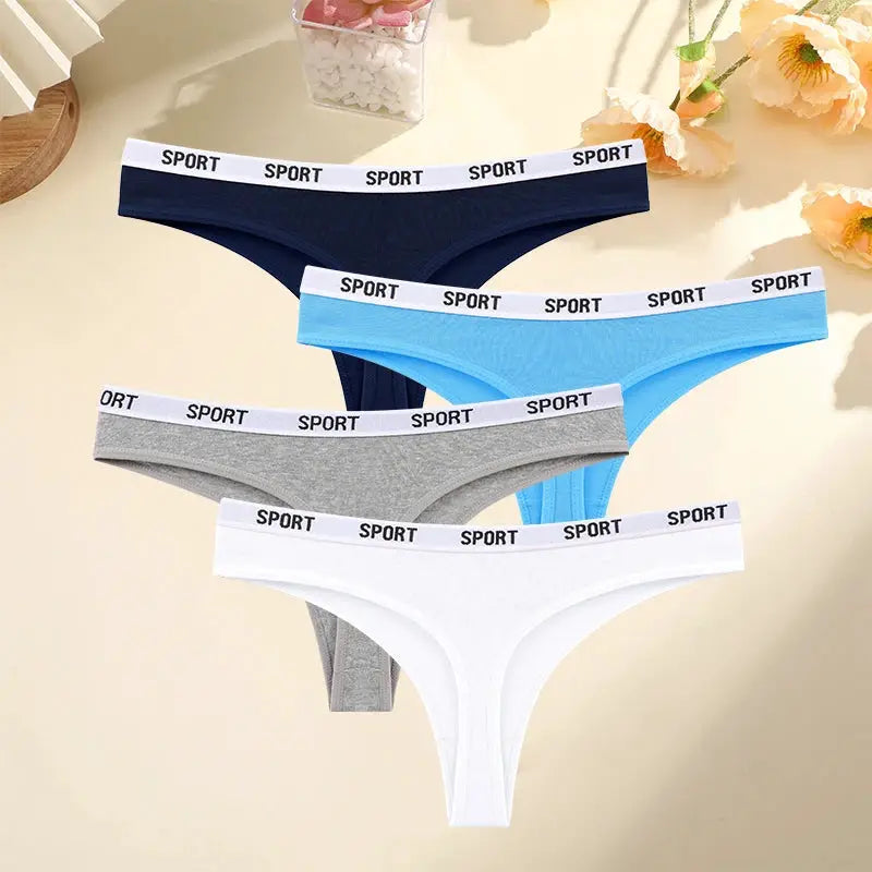 4-pack women's cotton thongs with SPORT waistband in navy, light blue, gray, and white