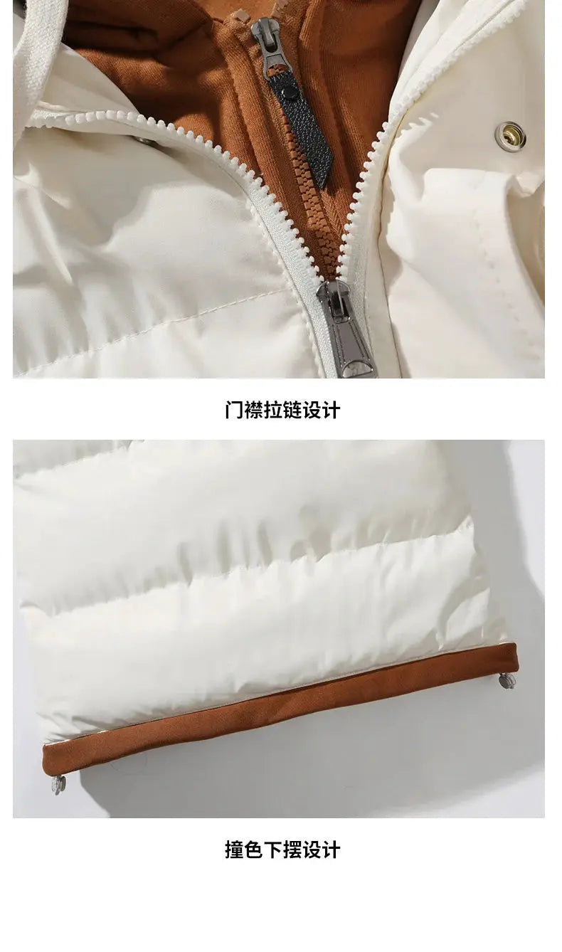Korean fashion hooded sleeveless men's jacket with white outer shell and brown lining, windproof zip-front vest
