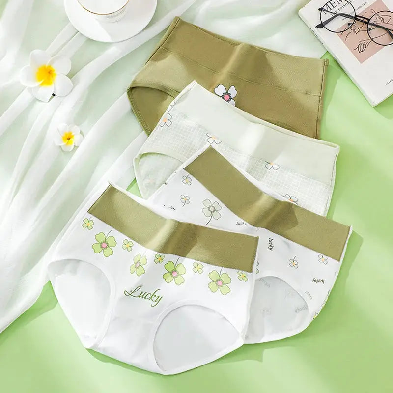 Simples Market 4Pcs cotton high-waist panties set with floral prints and gold waistbands