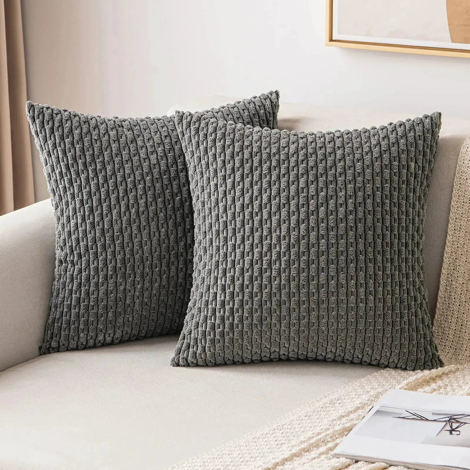 Two decorative throw pillow covers gray corduroy, 20x20 inches, farmhouse boho decor