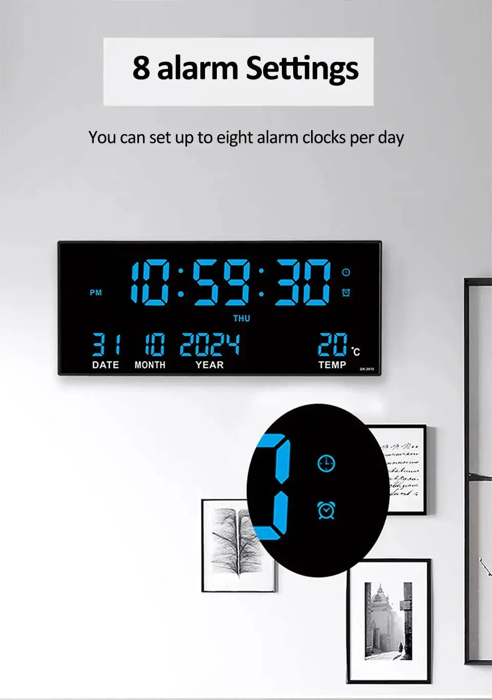 Digital LED wall clock by Simples Market, 14-inch black display with date, calendar, temperature and 8 alarm settings