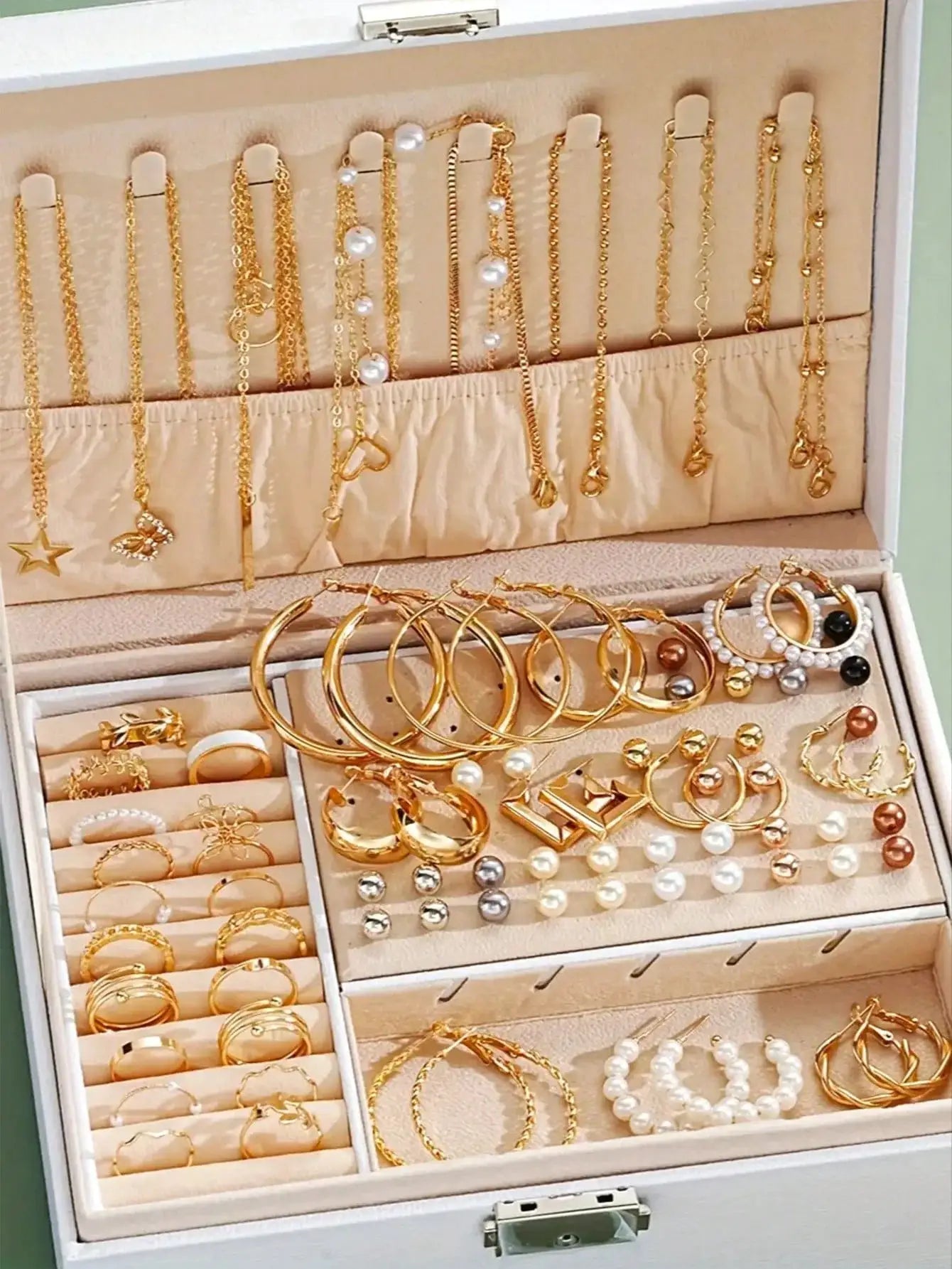 86 Piece Set Elegant Pearl Earrings Multi Layered Necklace Ear Studs Rings 4 In 1 Jewelry Set For Women Daily Wear Gift