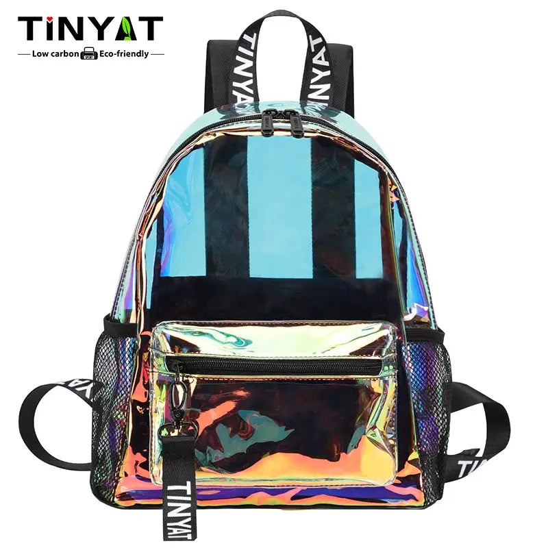 Backpack: TINYAT iridescent PVC clear women's bag with black straps, front zip pocket, and side mesh pockets