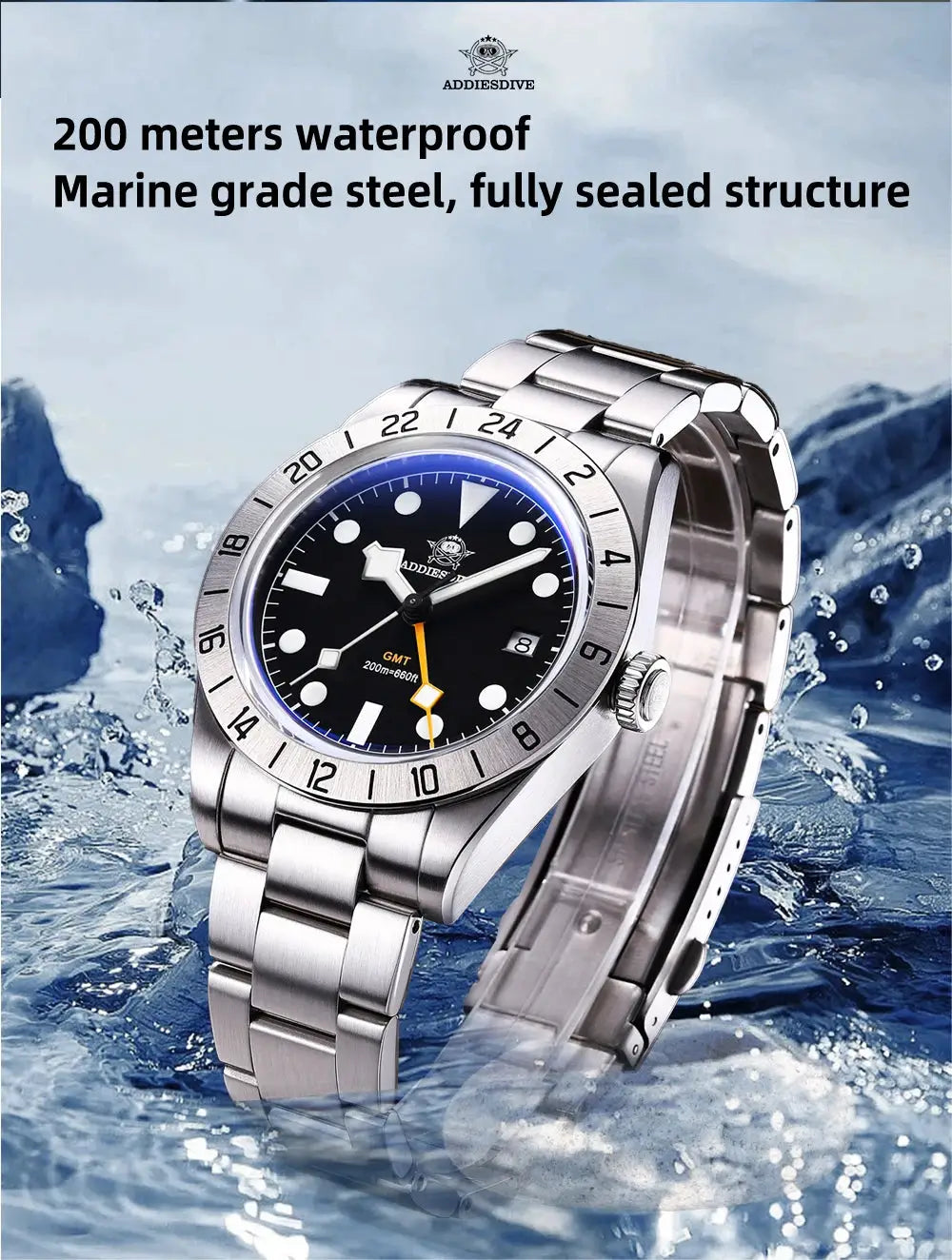 ADDIESDIVE GMT watch for men, stainless steel bracelet, black dial with orange GMT hand, 200m water resistant