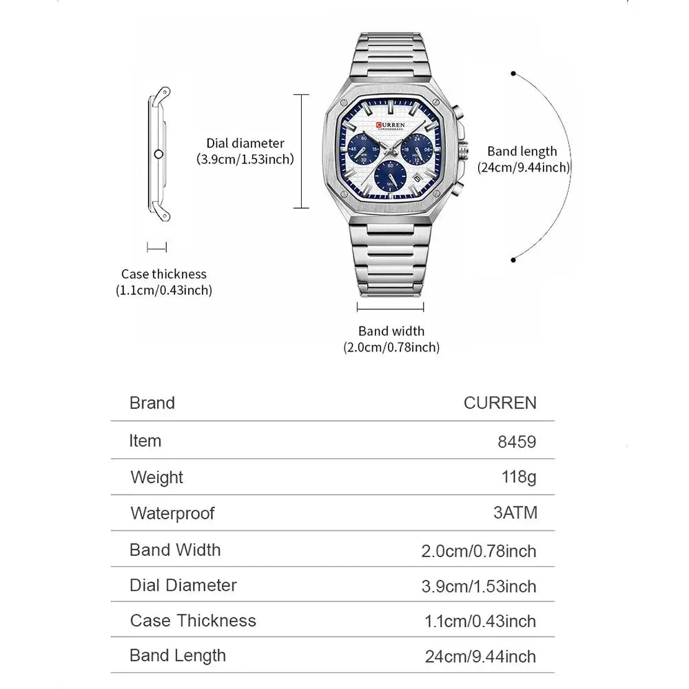 CURREN stainless steel chronograph men's watch with date and blue subdials, from Simples Market