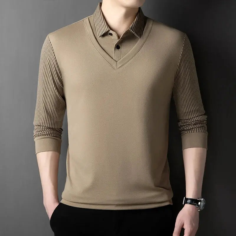 Men's beige long-sleeve faux two-piece polo shirt with striped inner sleeves