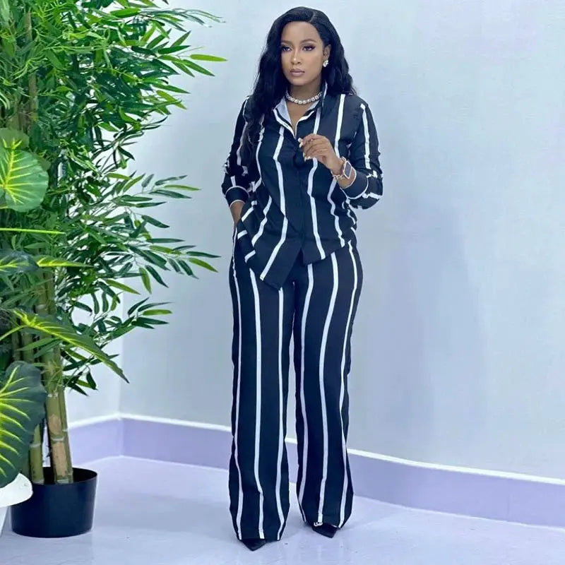 African Stripe Two Piece Set Women Spring Button Top Wide Leg Pants