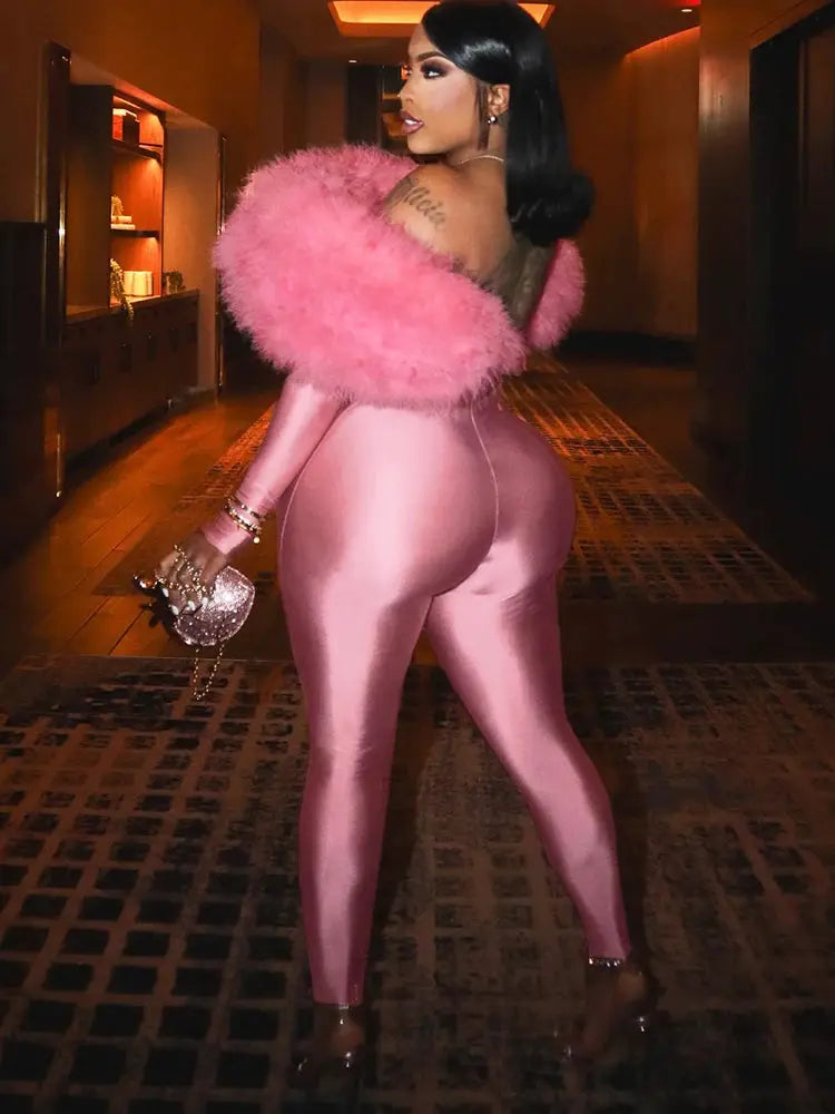 Sisterlinda furry slash-neck jumpsuit in pink satin with fluffy pink stole
