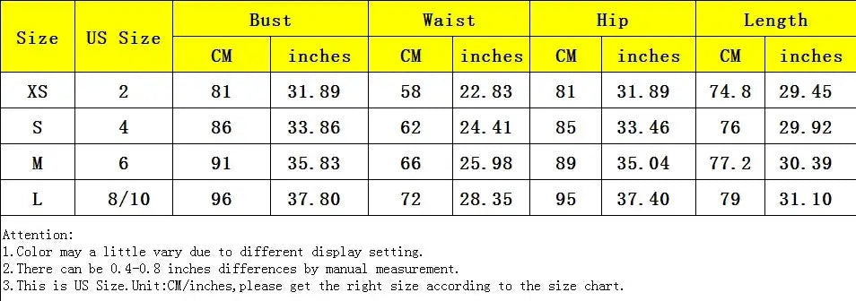 Simples Market women's jumpsuit size chart showing bust, waist, hip and length for XS–L (US 2–8/10)