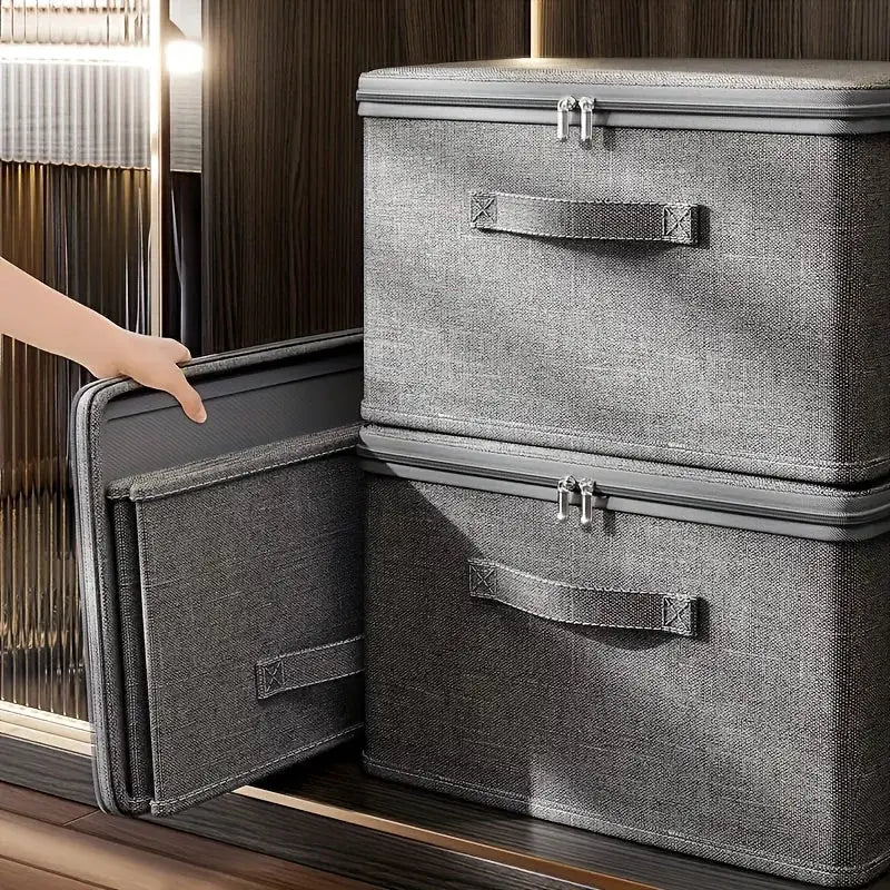 Multifunctional foldable fabric storage box with cloth cover, gray, two large boxes with handles and zippers