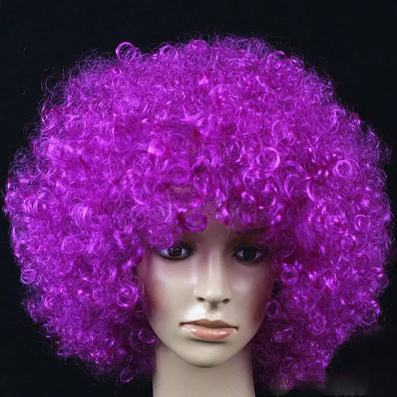 Simples Market purple curly cosplay wig on mannequin head; synthetic afro-style hair