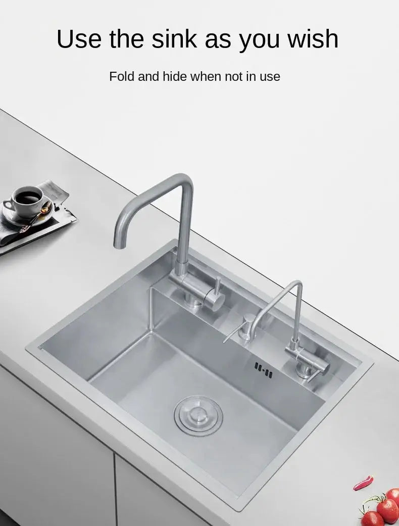Hidden kitchen sink, 304 stainless steel, 55x45x23 cm, with dual gooseneck taps