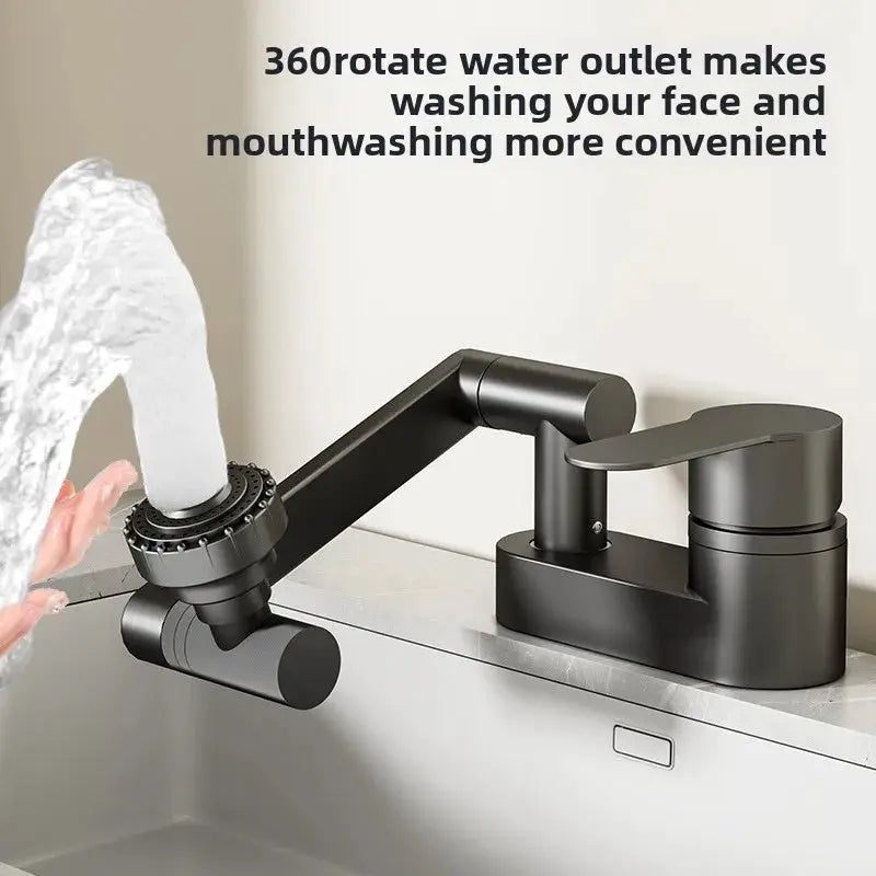 Simples Market bathroom faucet with black finish, pull-out spray, 360° rotating nozzle, hot/cold dual-hole mixer