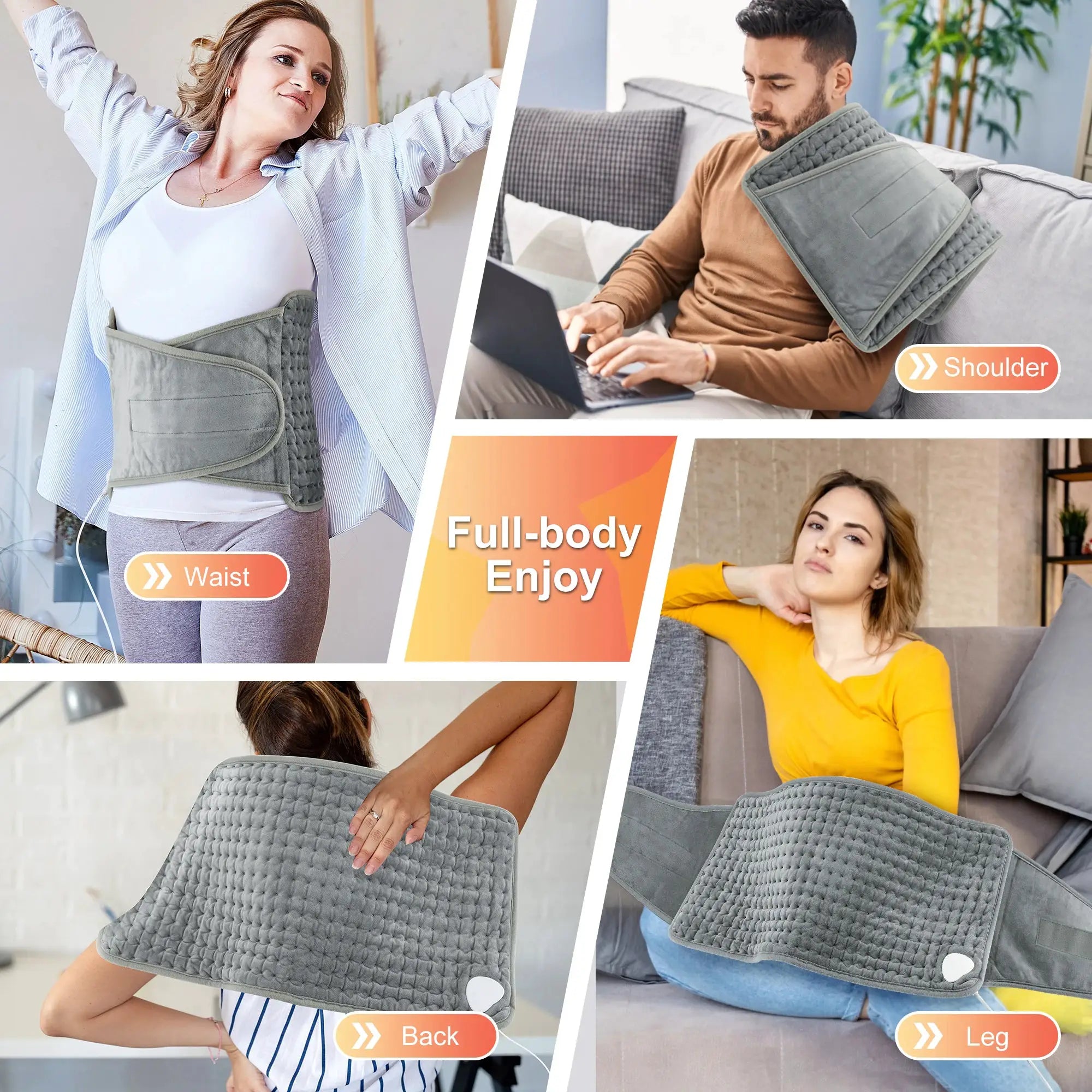 Back heating support belt in gray quilted fabric with adjustable temperature, lumbar and waist support by Simples Market