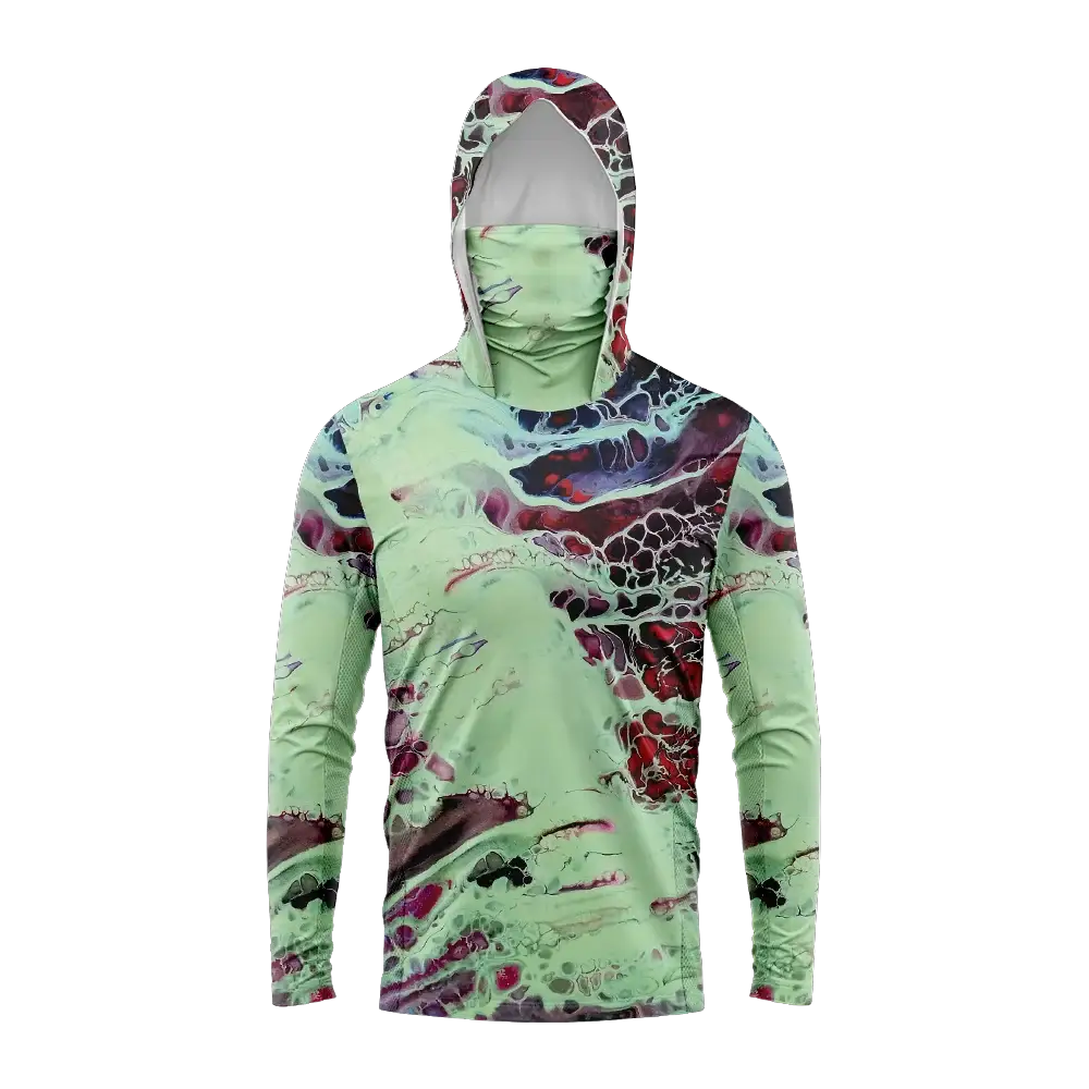 Men's hooded fishing shirt with UV protection; long sleeves in mint green base with multicolor abstract pattern