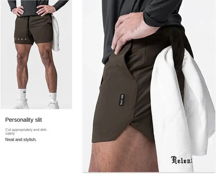 ASRV men's summer quick-dry basketball shorts in dark brown with logo on left leg