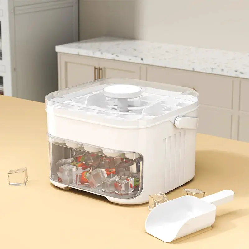 White plastic 50-grid double-layer ice cube maker with lid; clear window shows cubes, includes scoop