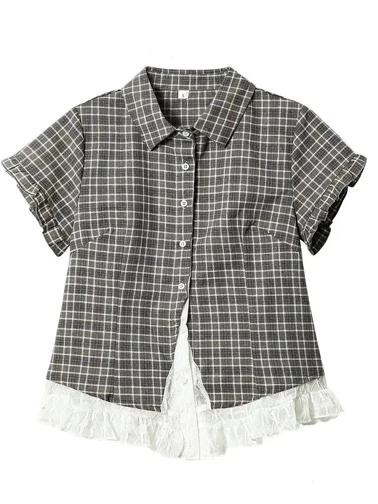 Women’s lace-trim plaid shirt by Simples Market, gray check, short sleeves, button-down blouse with white lace hem