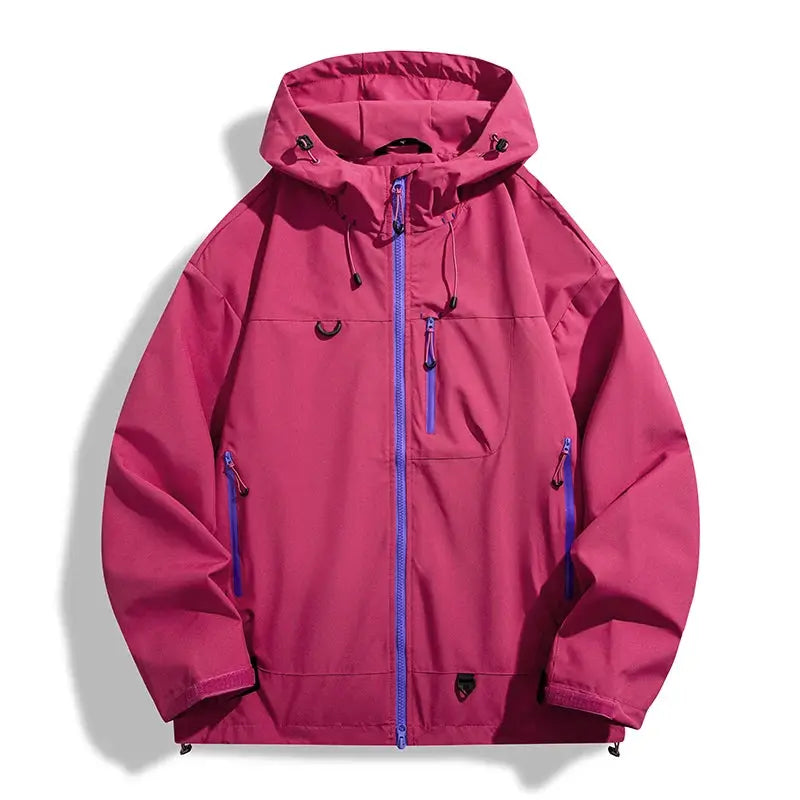 JNLN unisex waterproof windbreaker jacket, pink with blue zippers and hood