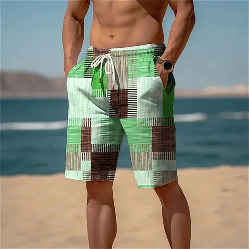 Men's square-splicing pattern beach shorts in green plaid; quick-dry swim trunks