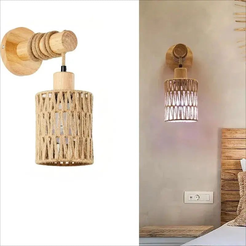 Hemp rope bedhead wall lamp, cylindrical woven shade, natural wood mount by Simples Market
