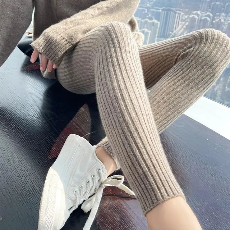 Slim Leggings Simples Market beige ribbed knit, high-waist ankle-length thermal leggings