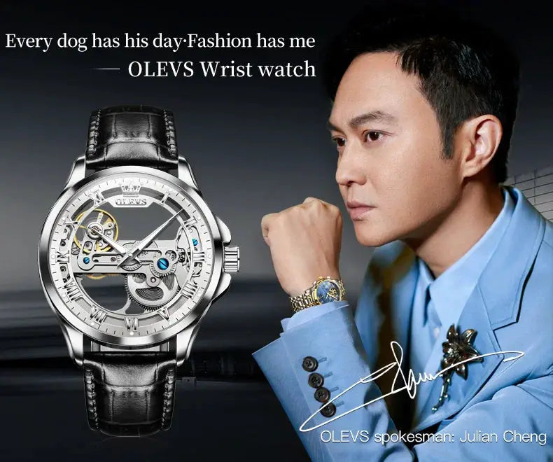 OLEVS 6661 automatic men's skeleton wristwatch with black leather strap