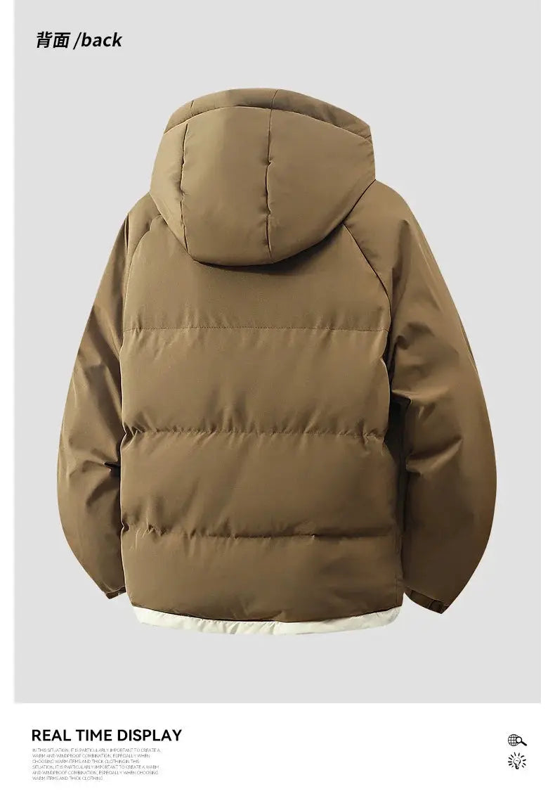 Simples Market men's brown hooded puffer jacket, windproof winter coat