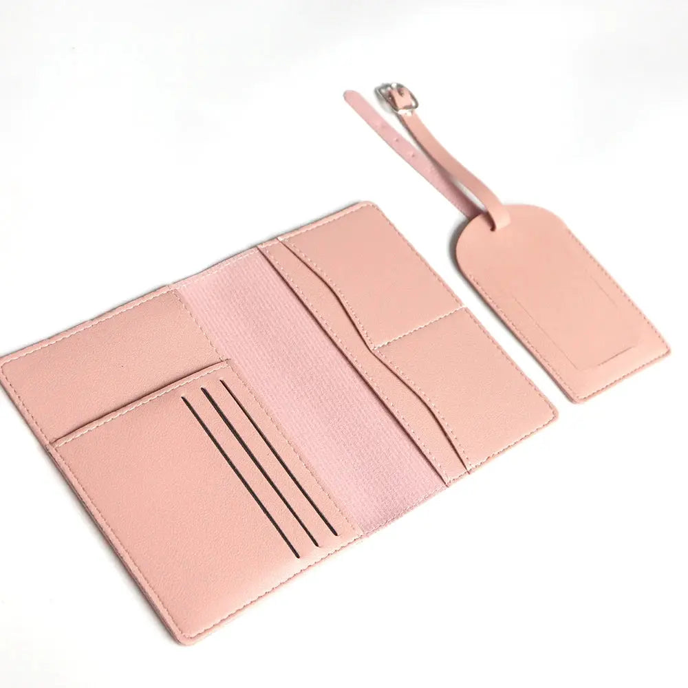 Passport holder set in pink with luggage tag and card slots