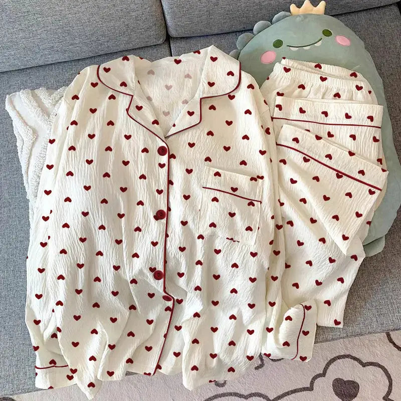 CozyNest Spring And Autumn Women Pajamas Loungewear Set Cardigan Breathable Crinkled Polyester With Love Heart Print