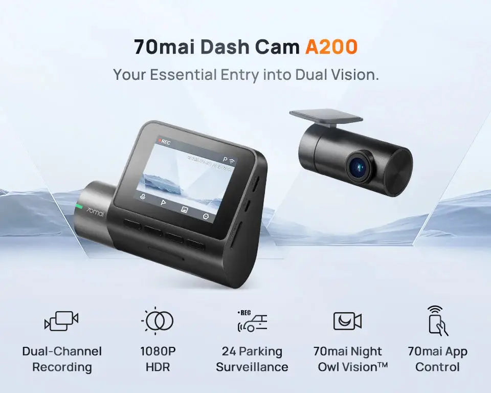 70mai Dash Cam A200 dual-channel car DVR with 2'' IPS screen and 1080P HDR